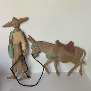 Southwest Donkey & Man Sexton Cast Iron Metal Leather Art Wall Decor Burro 1970